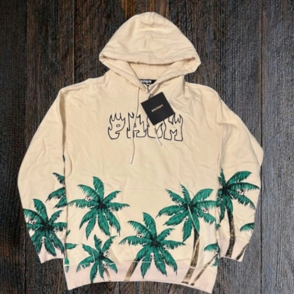 Palm Angels Beige Hoodie with Green Palm Design